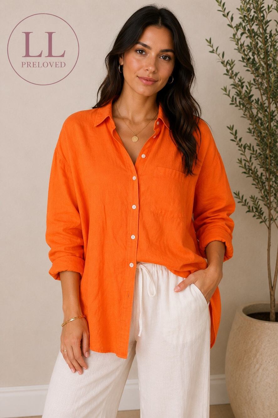 M&S Pure Linen Button Front Shirt Women’s Size 12 US Orange lagenlook